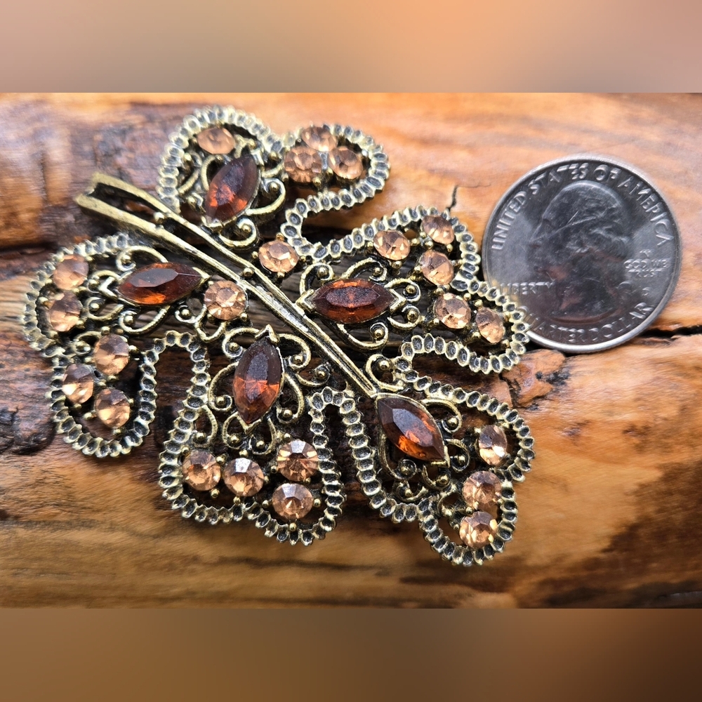 Leaf Brooch Antiqued Gold Tone Brown & Lt Orange Rhinestones 2" X 2.75" 🍁 - Picture 3 of 4